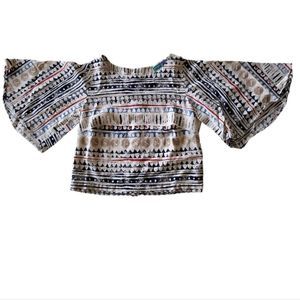 BOMBAY PAISLEY Beige Button Back Crop Top Geometric Bell-Sleeve‎ Size XS